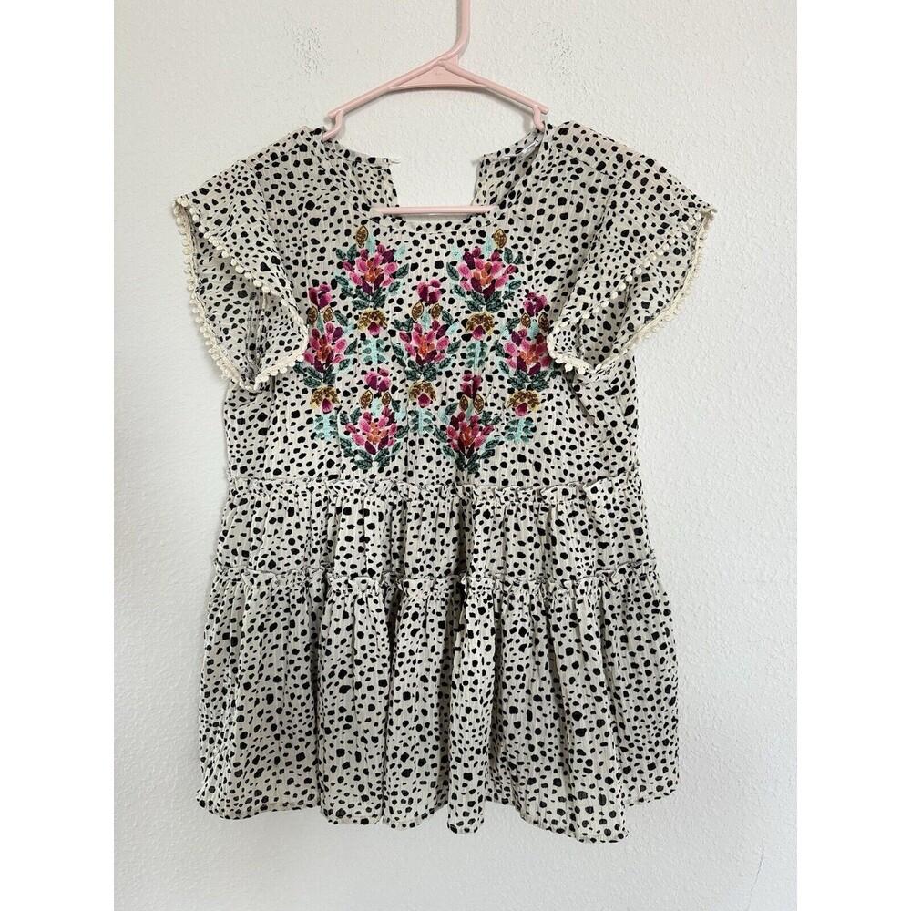 THML Polkadot Floral Embroidered Babydoll Top Blouse Sheer Ruffle Boho Size XS